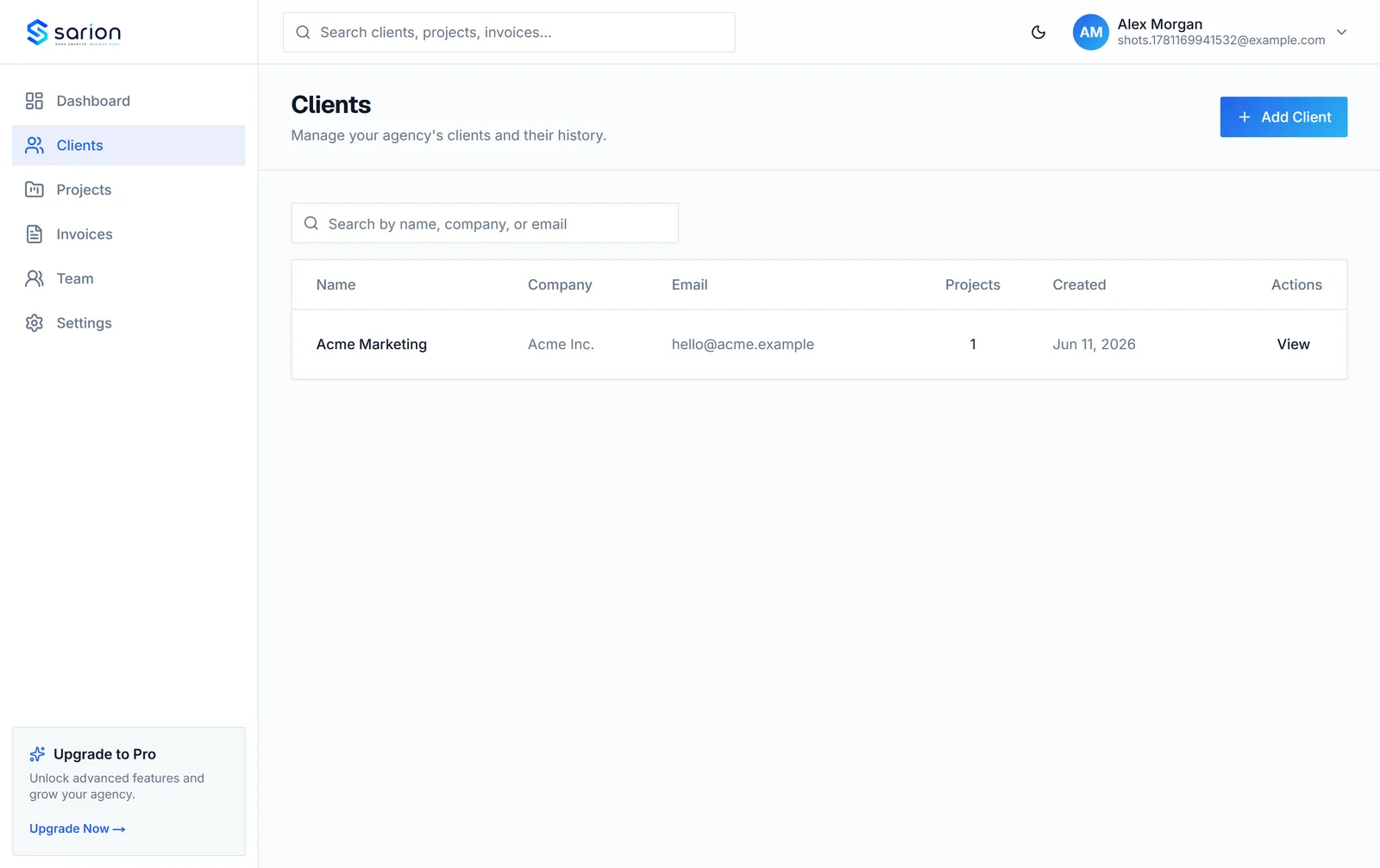 The Sarion clients list with companies, emails, and project counts