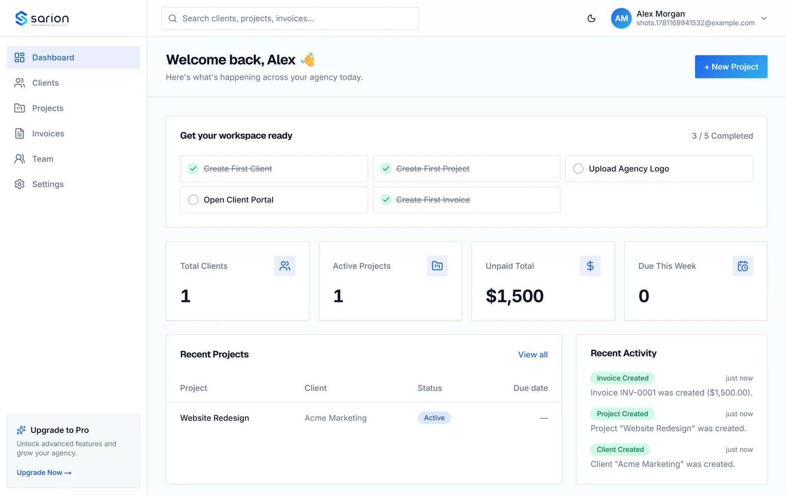 The Sarion dashboard showing clients, active projects, unpaid totals, and recent activity