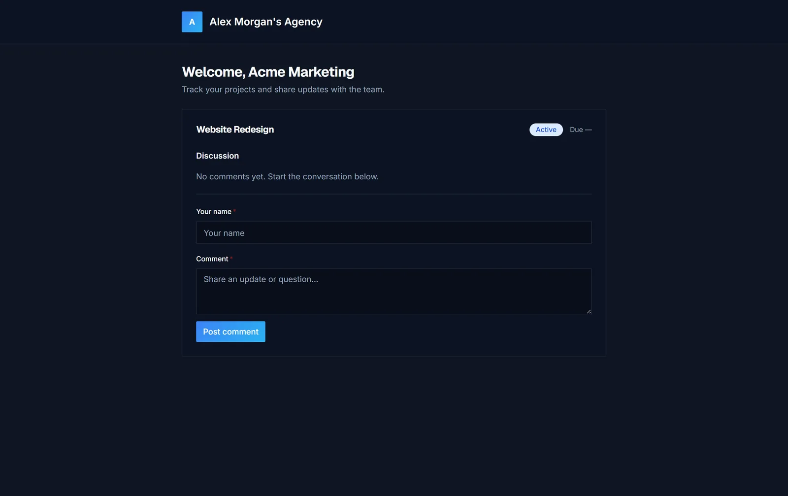 The branded Sarion client portal showing project updates and a comment thread