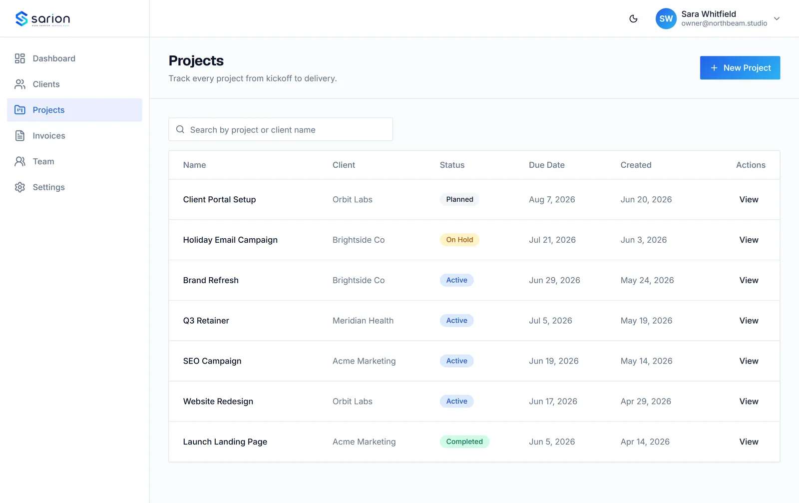 The Sarion projects view showing status and due dates per client