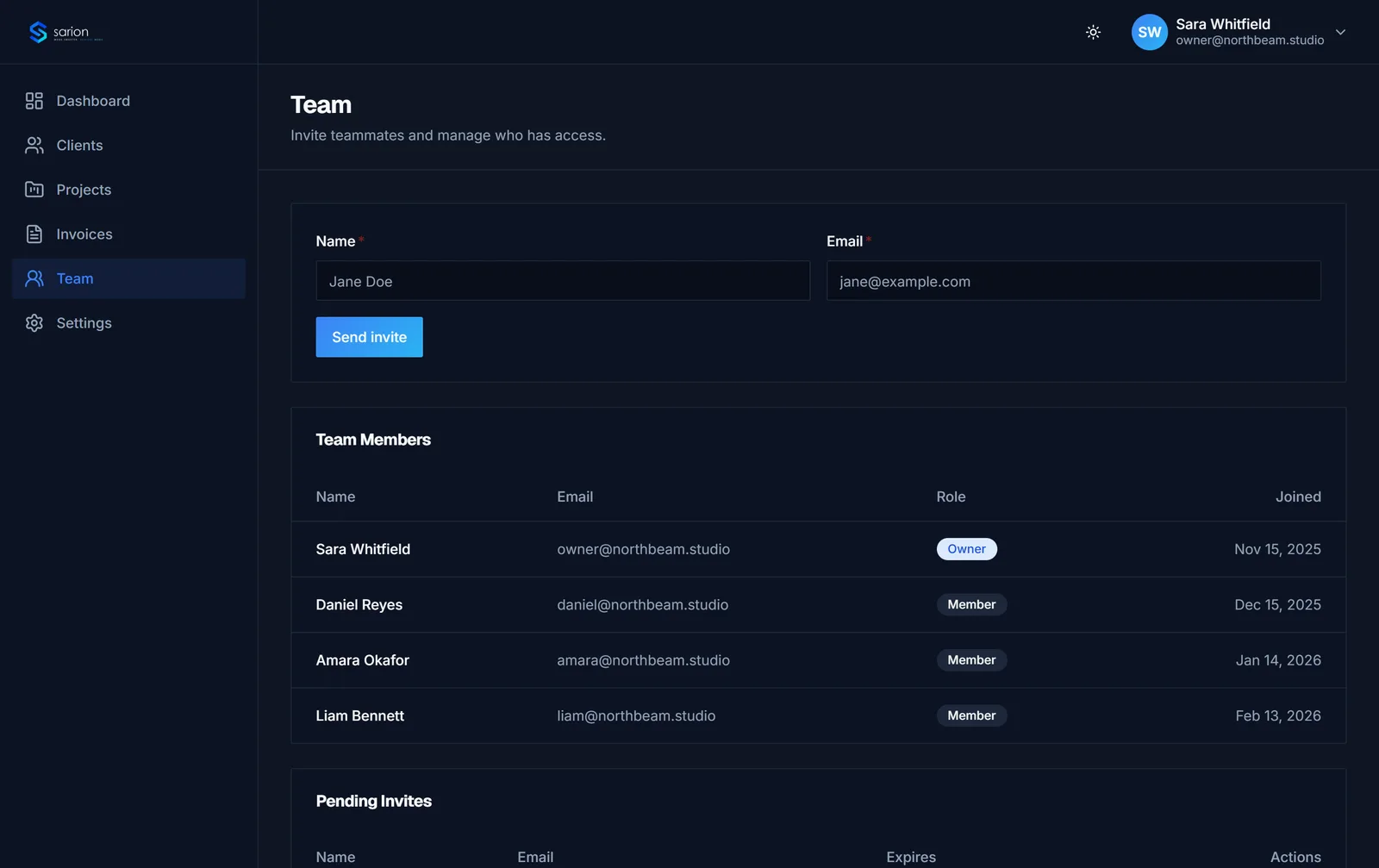 The Sarion team settings with members, invites, and permissions